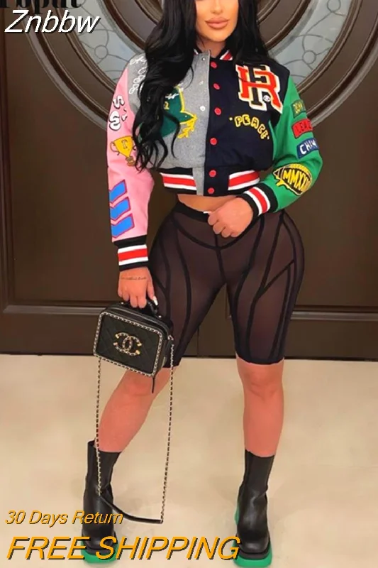 Discount Deals Znbbw Women Printed Thread Letter Baseball Jacket Spring Single Breasted Cropped Y2K Streetwear 2023 Racing Color Contrast Bomber Coat