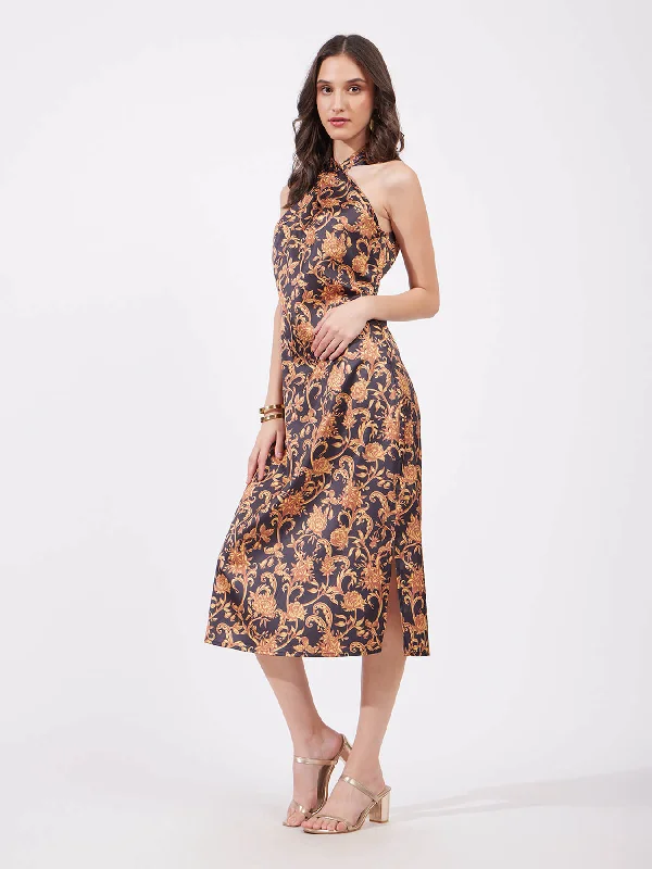 Instant Discount Satin Midi Floral Dress - Gold And Black