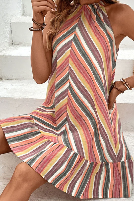 Crazy Deals Multicolour Striped Halter Neck Sleeveless Mini Dress