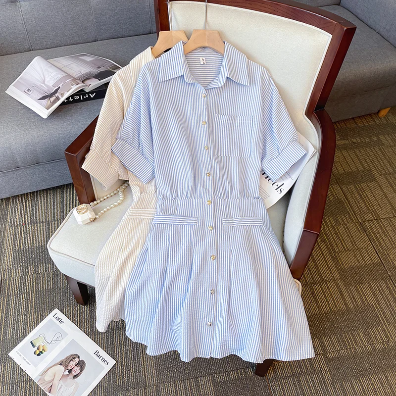 Closeout Plus Size Stripes Button Shirt Dress