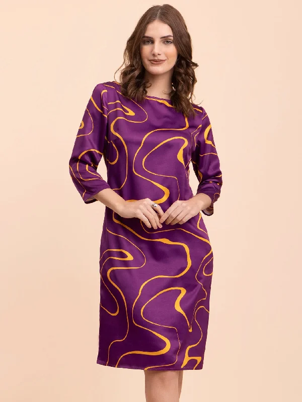 Shop and Save Satin Abstract Print Shift Dress - Purple and Yellow
