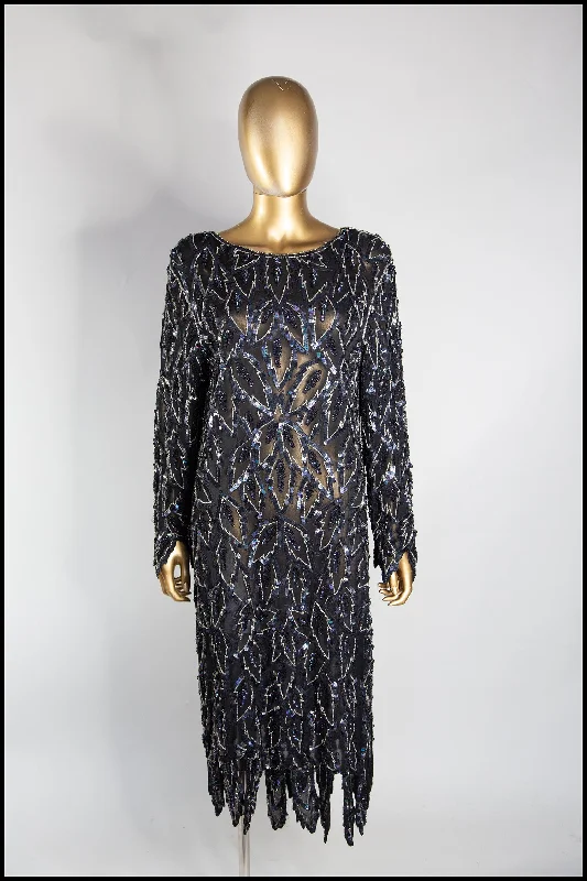 Savings Galore Vintage 1980s Black Beaded Silk Dress