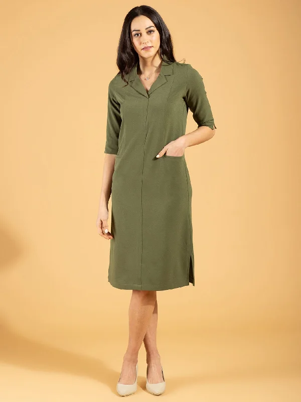 Front Pocket Lapel Dress - Moss Green