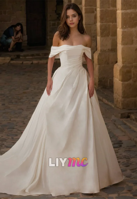 Online Only Off-Shoulder Strapless Ruched Satin A-Line Simple Wedding Dress