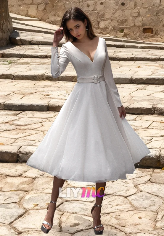 Online Only V-Neck Long Sleeves Pleated A-Line Simple Wedding Dress
