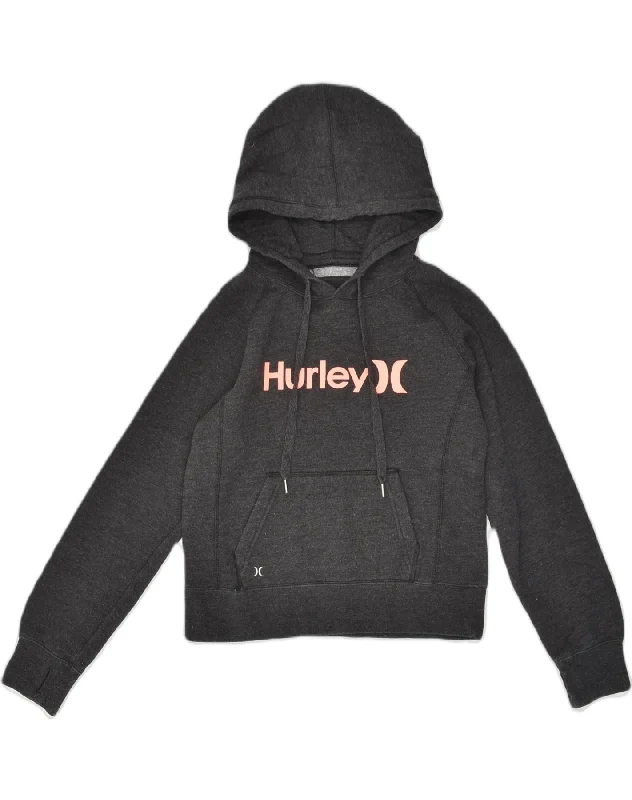 HURLEY Womens Crop Graphic Hoodie Jumper UK 10 Small Grey Cotton