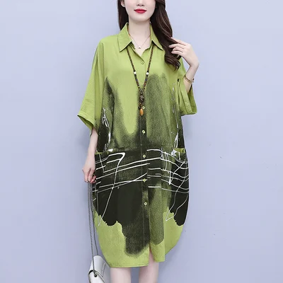 Plus Size Loose Pocket Art Shirt Dress