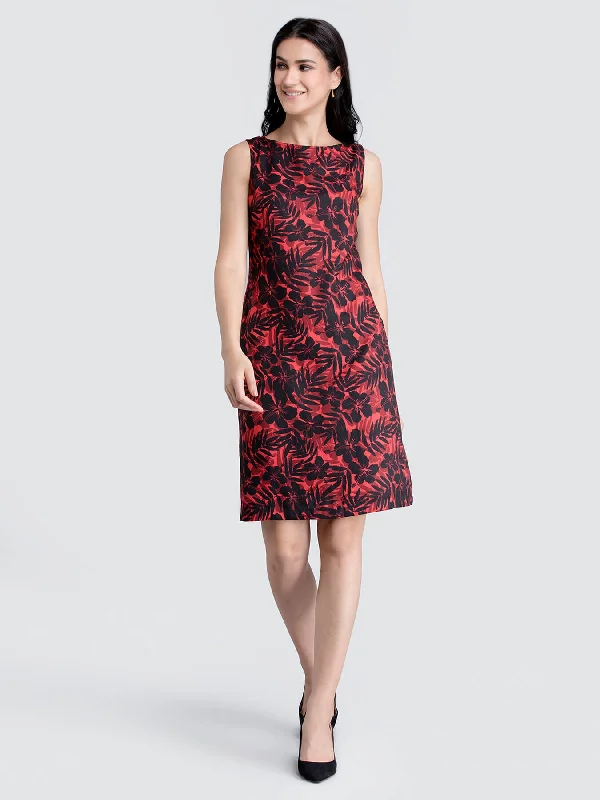 Year-End Clearance Boat Neck Floral Shift Dress - Red