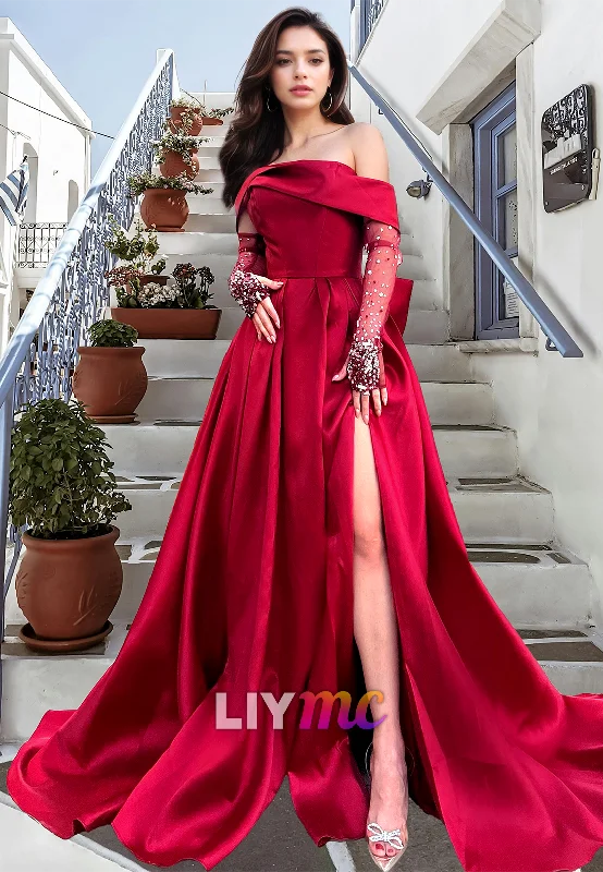 Savings Galore Off-Shoulder Long Sleeves Beaded Pleated A-Line Prom Dress