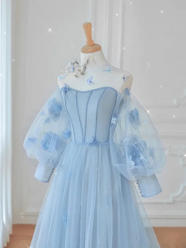 Bonus Savings Blue Tulle Lace Long Prom Dress, Blue Tulle Lace Long Evening Dress