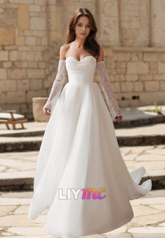 Deal Mania Sweetheart Strapless Pearl Beaded Ball Gown Wedding Dress