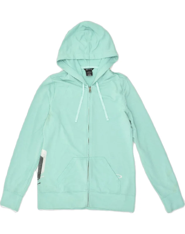 OAKLEY Womens Graphic Zip Hoodie Sweater UK 12 Medium Turquoise Cotton