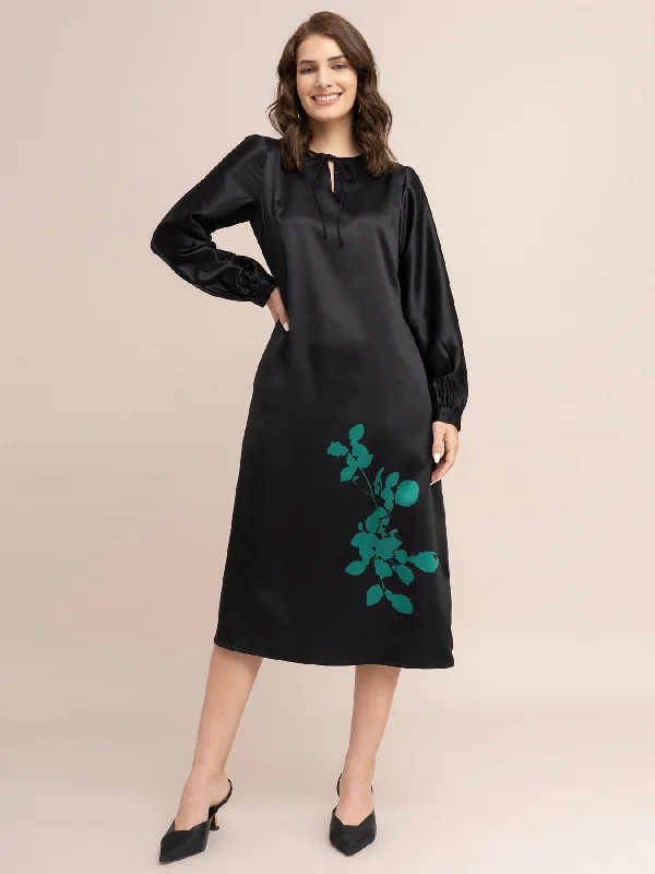 Today’s Special Satin Floral Print A-Line Dress - Black And Green