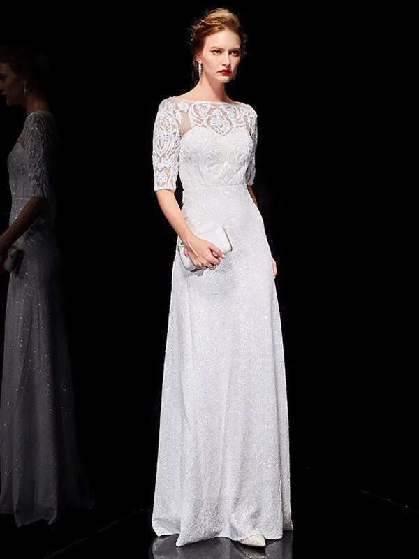 Sneak Peek Sale Beautiful White Evening Dresses Lace Half Sleeve Sequin Long Formal Occasion Dress