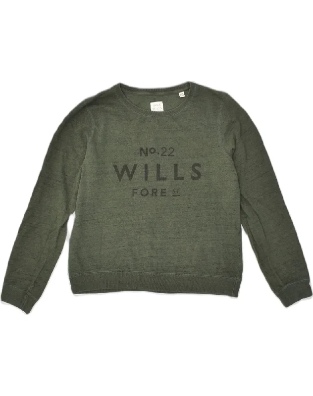 JACK WILLS Womens Graphic Sweatshirt Jumper UK 14 Large  Khaki Cotton