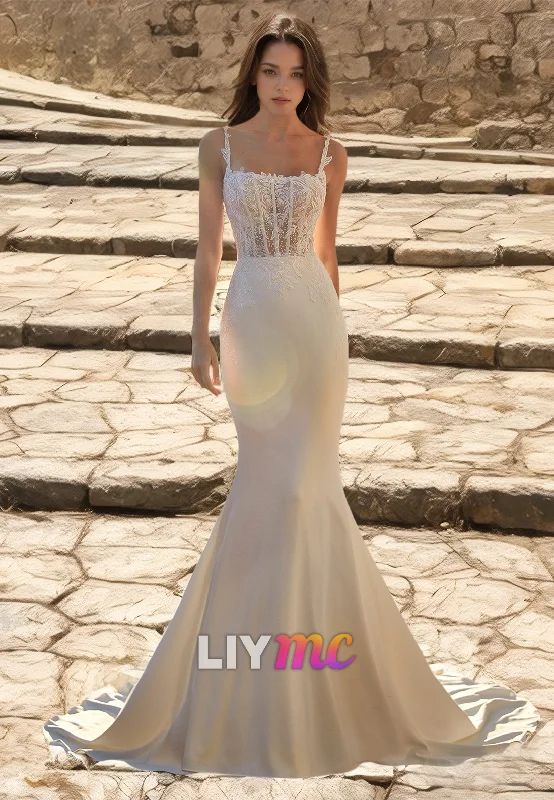 Clearance Items Squrae Spaghetti Straps Appliques Sleek Mermaid Wedding Dress