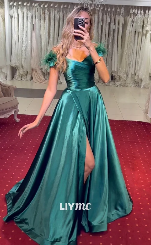 Early Bird Discount LP1990 - Off-Shoulder Feathered Pleated Sleek Satin Side Slit A-Line Prom Dress Early Bird Discount LP1990 - Off-Shoulder Feathered Pleated Sleek Satin Side Slit A-Line Prom Dress