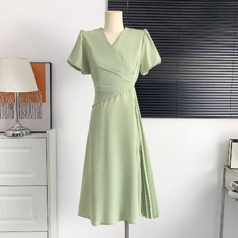 Deep Discounts Plus Size Wrap Side Pleat Korean Green Dress