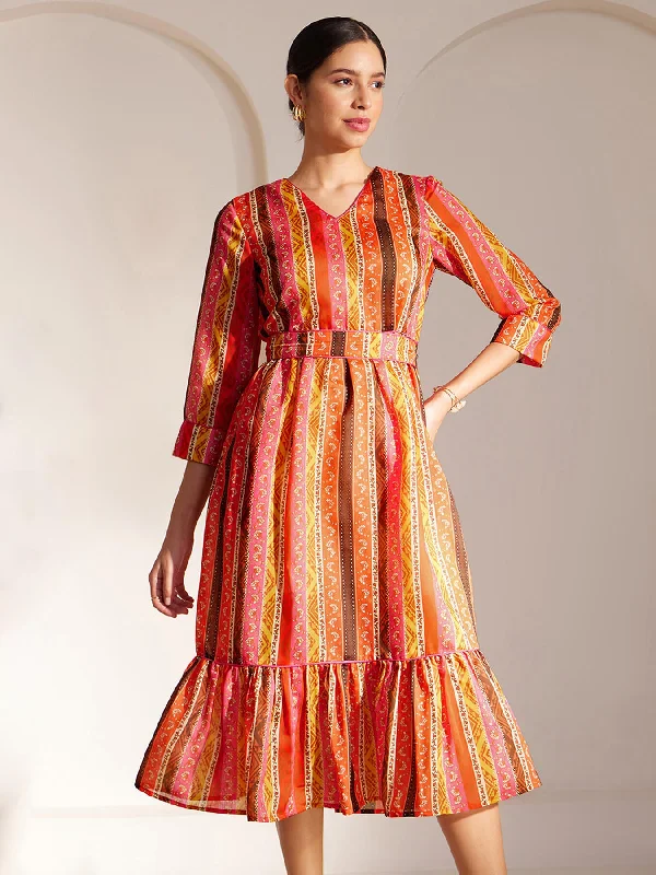 Early Access Chanderi Striped Tiered Dress - Multicolour