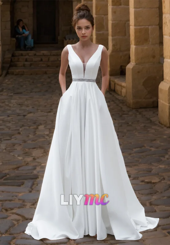 Unmissable Offer V-Neck Sleeveless Sleek Pleated Satin A-Line Wedding Dress