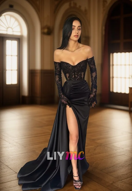 Markdowns LP2028 - V-Neck Long Sleeves Lace Appliques High Slit Sexy Prom Dress