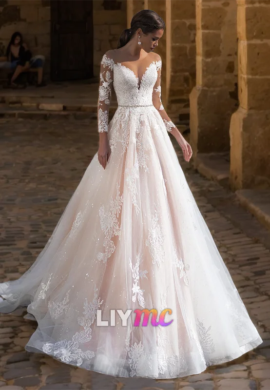 Reduced Prices V-Neck Long Sleeves Lace Appliques Ball Gown Wedding Dress
