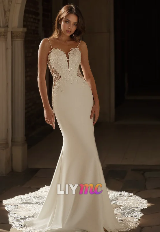 Limited Stock V-Neck Spaghetti Straps Appliques Sleek Mermaid Wedding Dress
