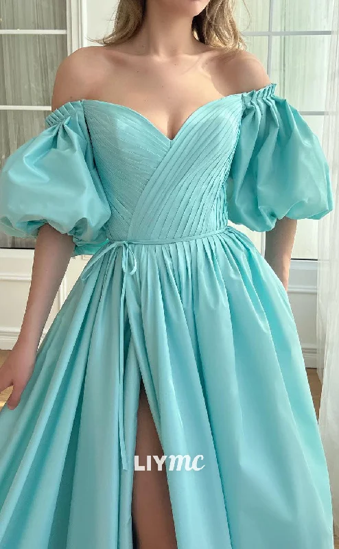 Crazy Deals LP2188 - Off-Shoulder Puff Sleeves High Slit A-Line Prom Dress