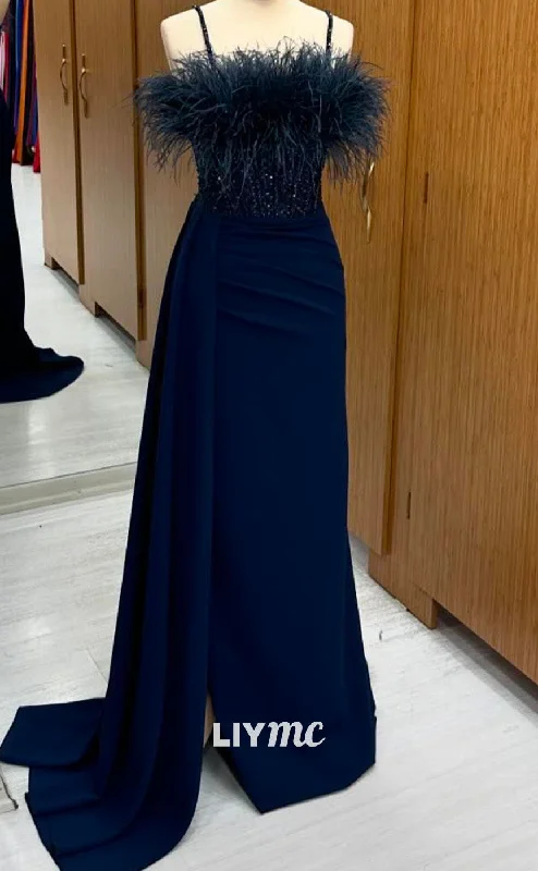 Mega Sale LP2245 - Straight Across Spaghetti Straps Feathered Beaded Pleated Sheath Prom Dress Cocktail Dress