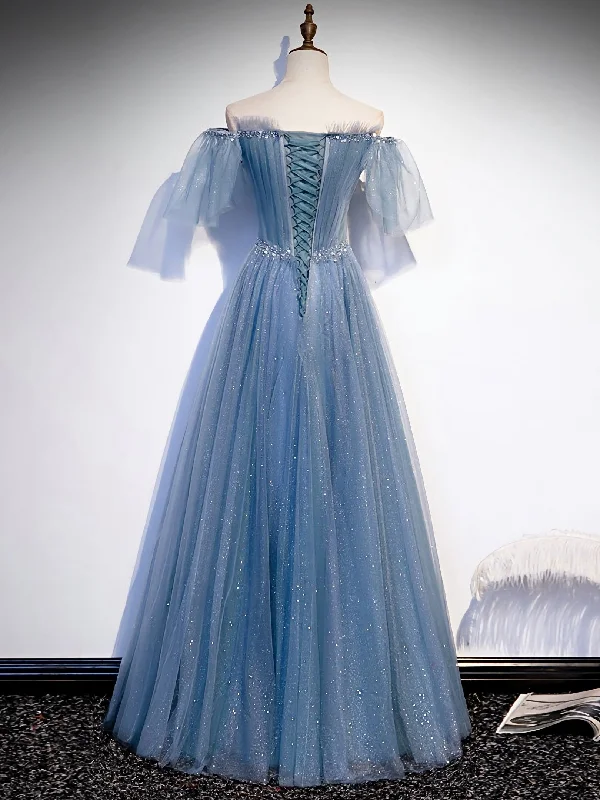 Final Clearance Blue Sweetheart Tulle Sequin Long Prom Dress, Blue Formal Dress, 1