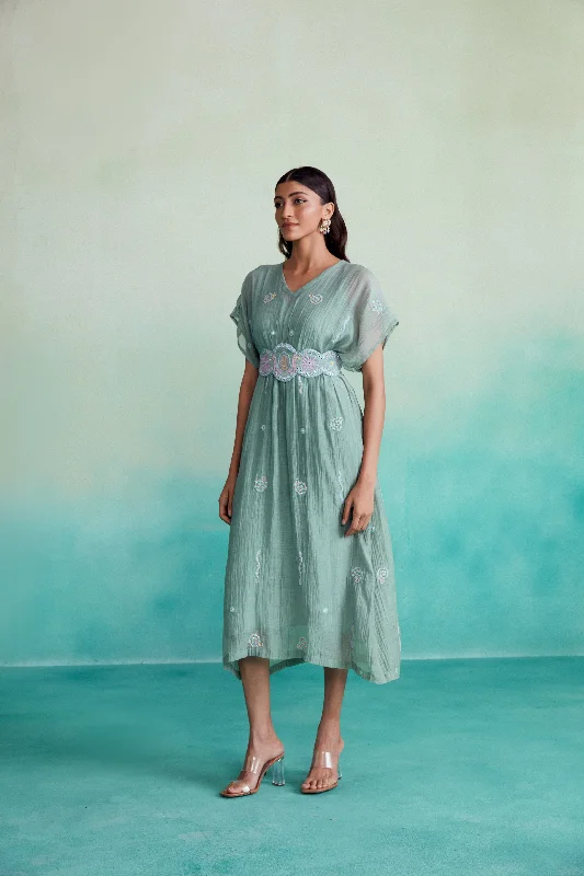 Super Sale Aquarelle dress - Mint Kaftan Dress with hand embroidered Belt