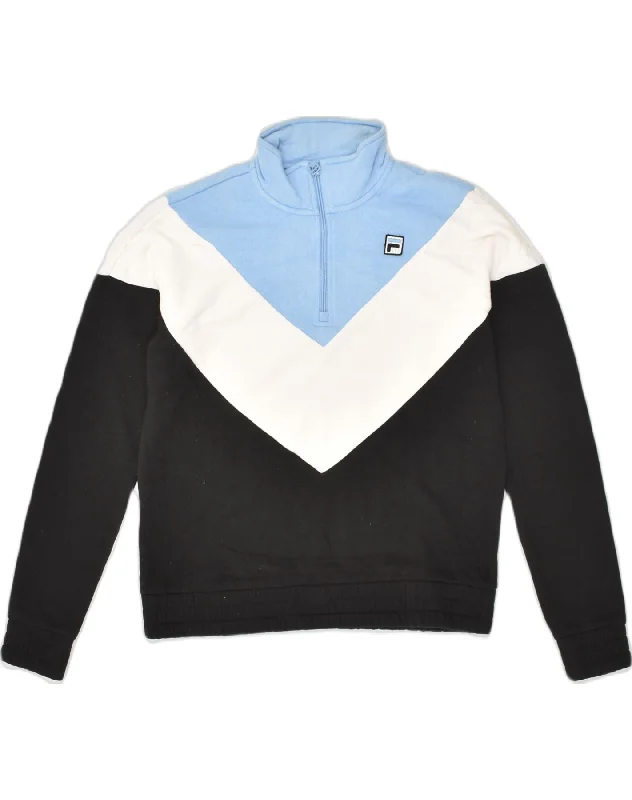 Fantastic Offers FILA Womens Zip Neck Sweatshirt Jumper UK 14 Medium Black Colourblock