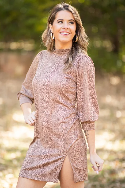 Brown Animal Print Dress With Side Slit