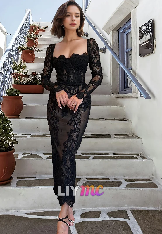 Daily Specials LP319 - Sheath/Column Square Neck Long Sleeves Lace Long Prom Evening Dress