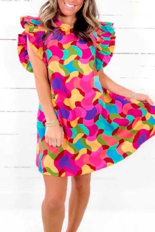 Amazing Deals Rose Red Abstract Print Smocked Flutter Shoulder Mini Dress