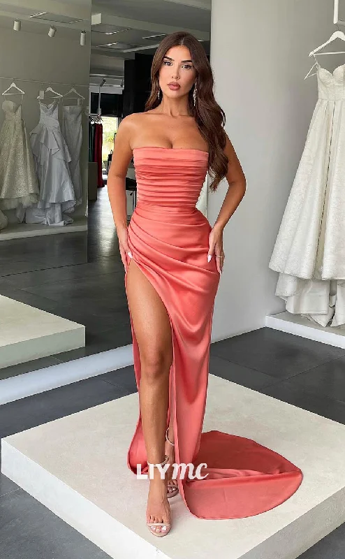 Discount Extravaganza LP302 - Simple Strapless Ruched Satin Sheath Party Evening Dress With Slit Discount Extravaganza LP302 - Simple Strapless Ruched Satin Sheath Party Evening Dress With Slit