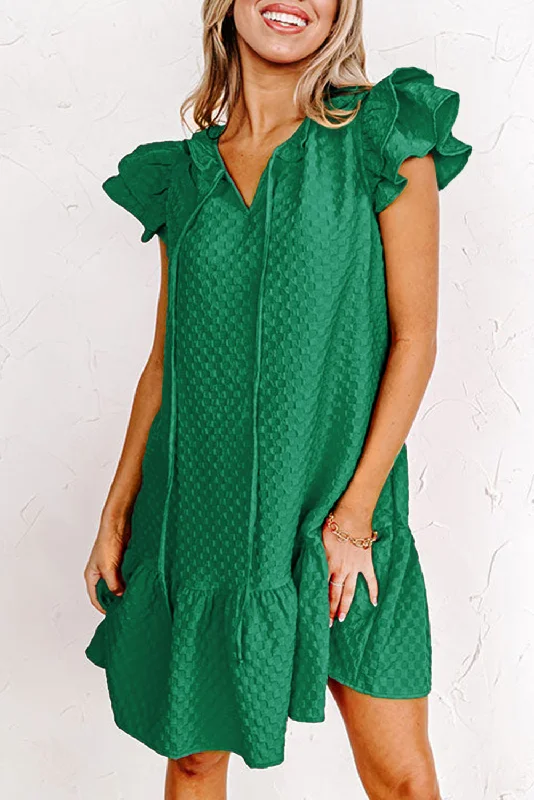 Crazy Deals Blackish Green Flutter Shoulder Textured Checked Mini Dress