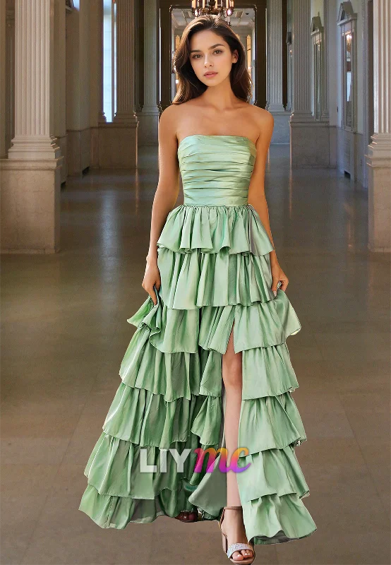 Don't Wait Straight Across Sleeveless Pleated Tiered A-Line Prom Dress