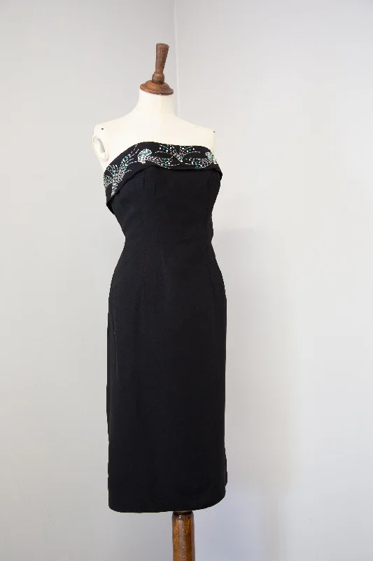 Vintage 1950s Black Strapless Rhinestone Wiggle Dress