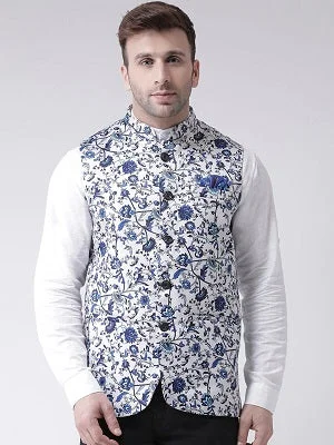 Sale Event M33 Blue And White Flower Printed Nehru Jacket, Size (Size (38 to 42)