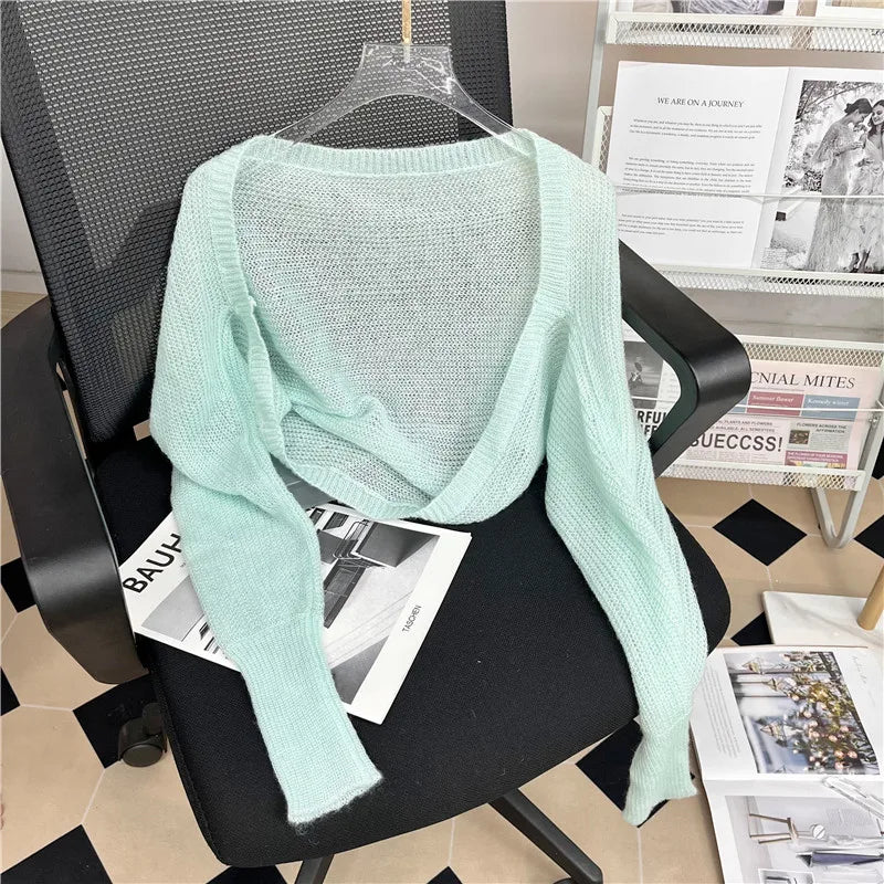 Znbbw Women Spring Summer Soft Sweaters Cardigans Lady Solid Shawl Female Long Puff Sleeve Short Knitted Coat