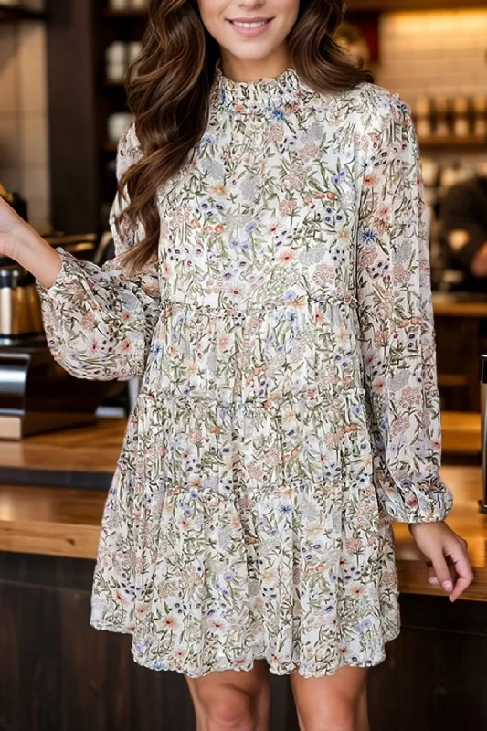 Limited Time Green Floral Print Tiered Frilled Shirred Mock Neck Mini Dress