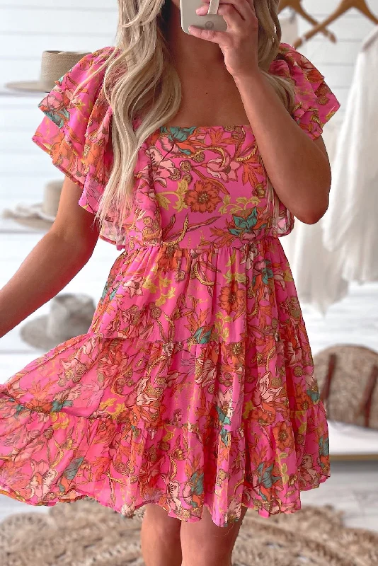 Get It Before It’s Gone Pink Floral Print Square Neck Ruffle Sleeve Tiered Dress