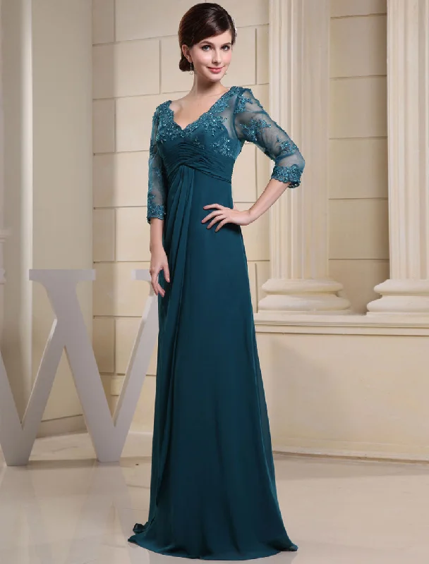 Fantastic Deals Glamorous Ink Blue Evening Dress Lace Applique Beading V Neck Half Sleeves A Line Wedding Party Dress