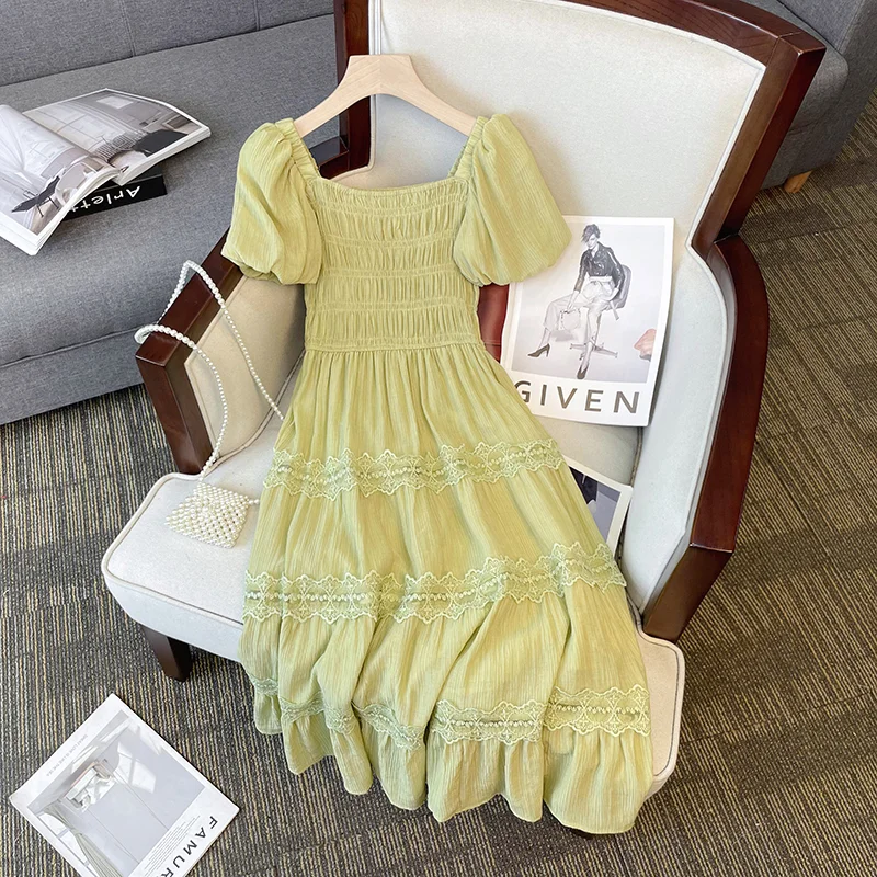 Can't Miss Plus Size Green Lace Square Neck Korean Dress