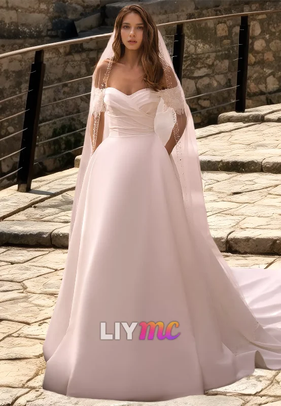 Savings Event Off-Shoulder Sleeveless Ruched Sleek Satin A-Line Wedding Dress