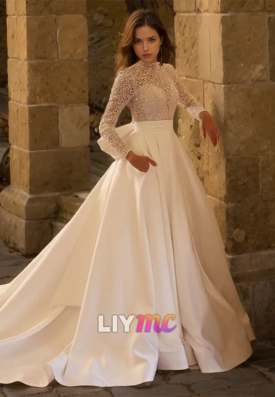 Mega Deal High Neck Long Sleeves Appliques Pleated Satin A-Line Wedding Dress