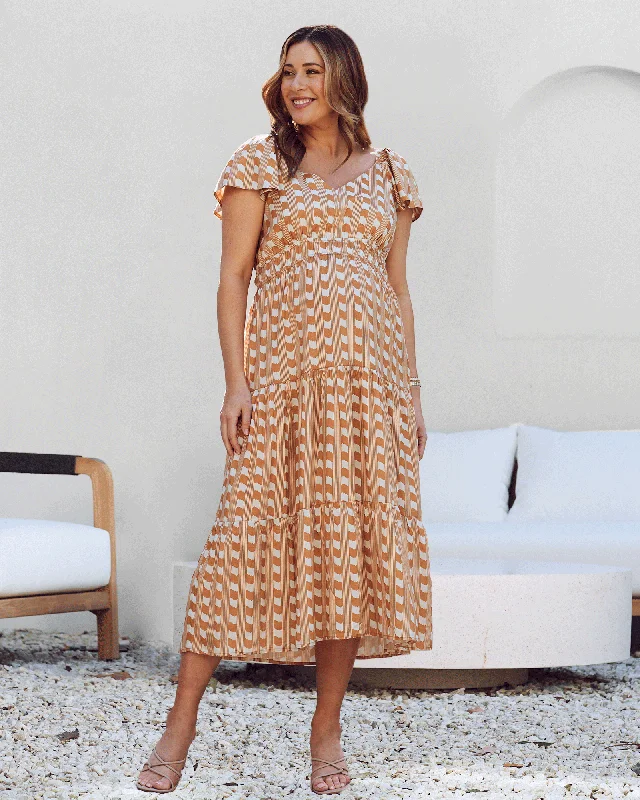 Members Only Layla Maternity Ruffled Dress in Sandstone Stripe