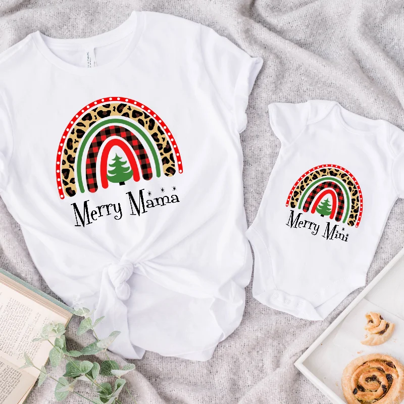 Merry Mama & Mini Christmas Rainbow Matching White T-Shirt & Bodysuit