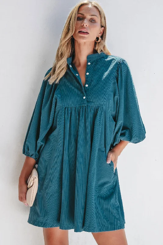 Season Finale Sale Blue Corduroy Snap Buttons Empire Waist Bracelet Sleeve Dress